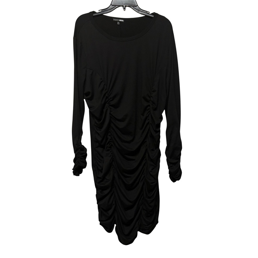 Fashion Nova Womens 3X Black Ruched Long Sleeve Crew Neck Bodycon Dress Sexy